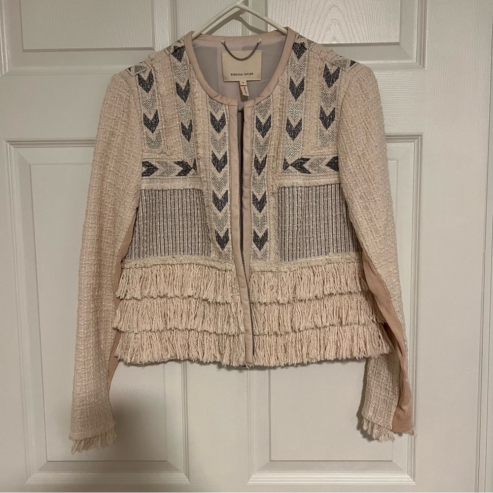 Rebecca Taylor Cropped Wool Blend Lamb Leather Tweed Jacket Size 8 - Picture 4 of 7
